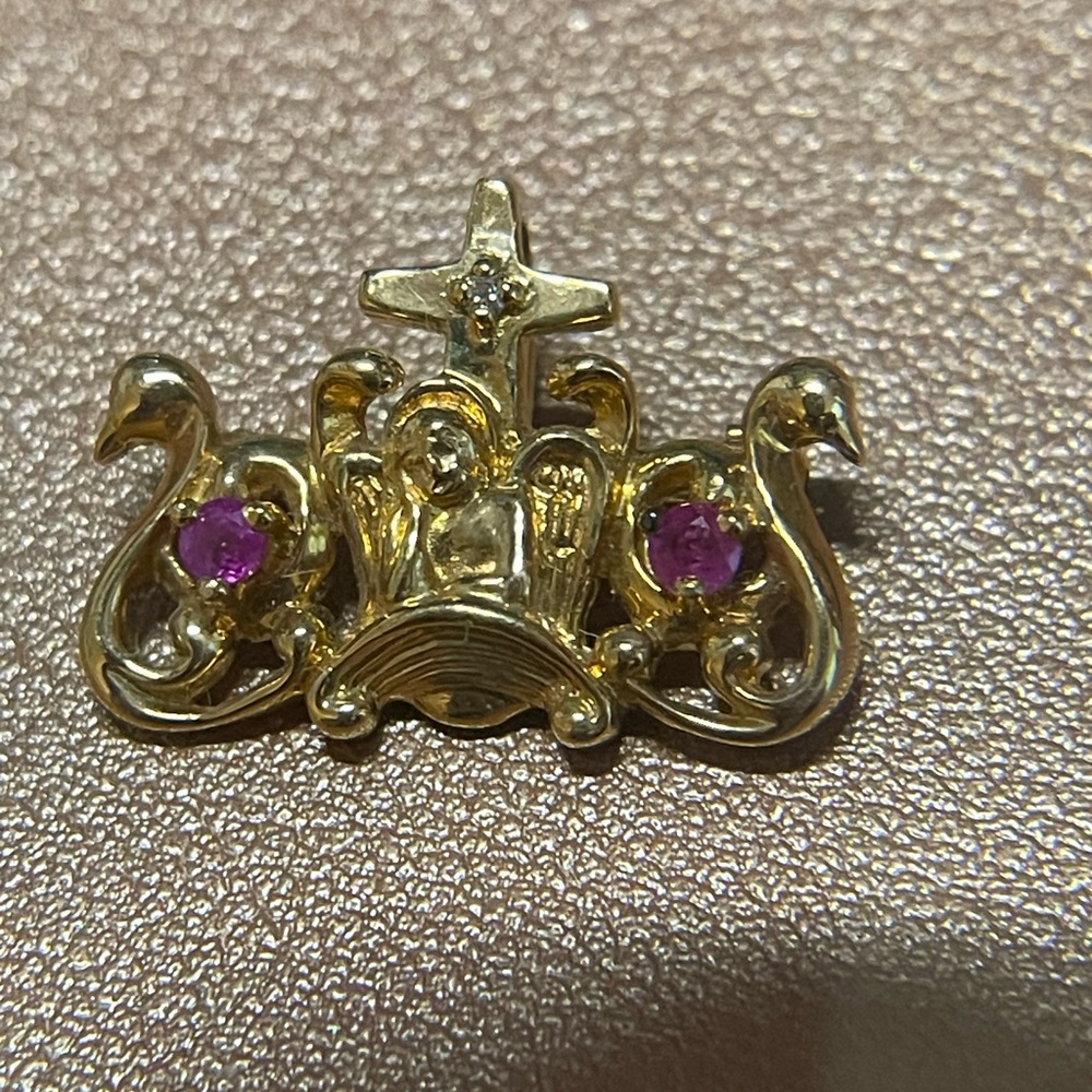Vintage Vatican Library Collection 14K Cherub & Swans Pin/Pendant with Rubies